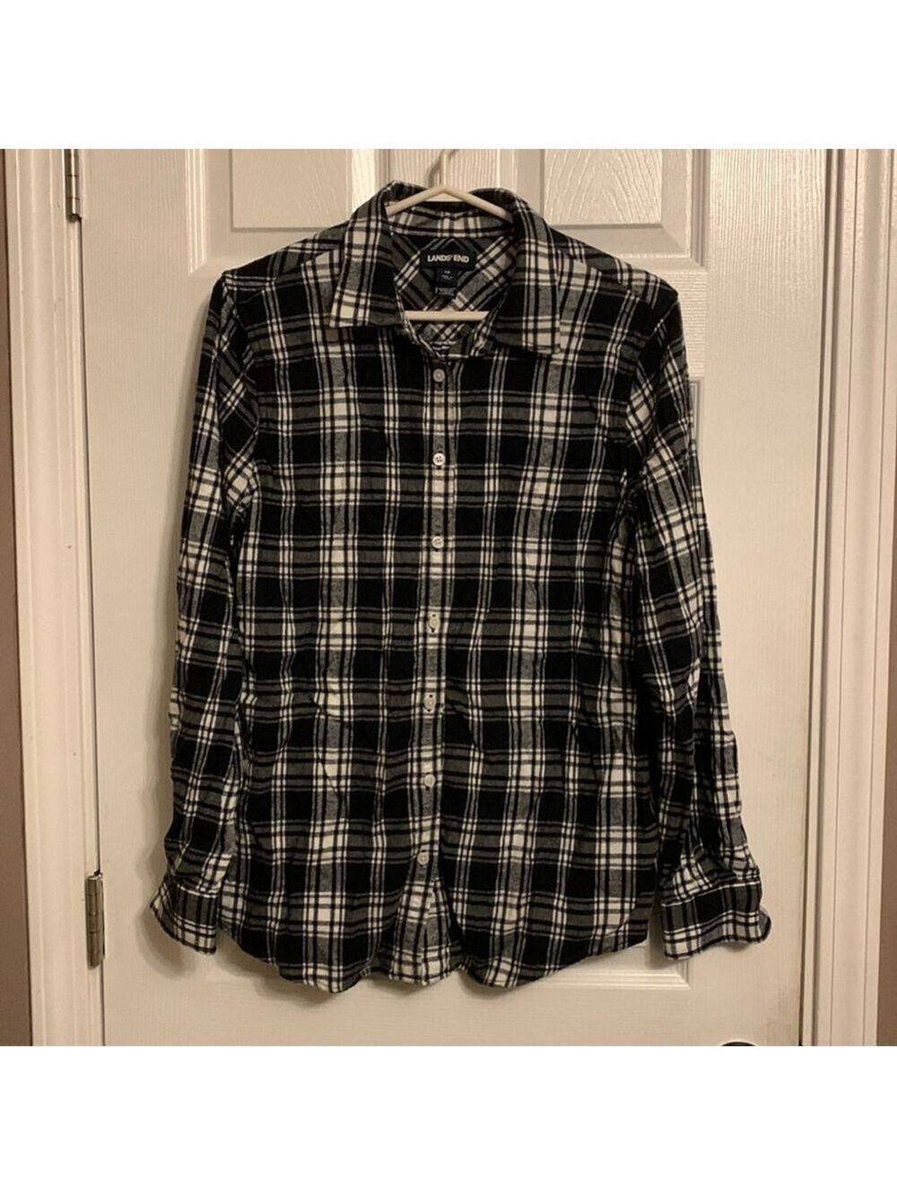 Size 12 Lands End black and white plaid flannel button up blouse